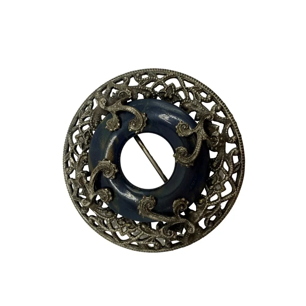 Silver Tone Blue Glass Filigree Circle Brooch Pin Victorian Revival Retro